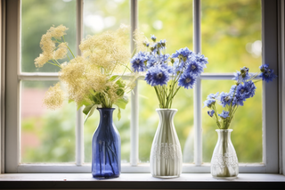 窗台上摆放的花瓶插着花摄影图