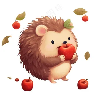 刺猬吃苹果的刺猬插画免抠