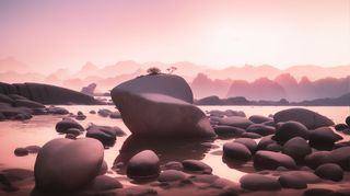 大气写意色块风景插画壁纸背景-河滩边的鹅卵石与小花