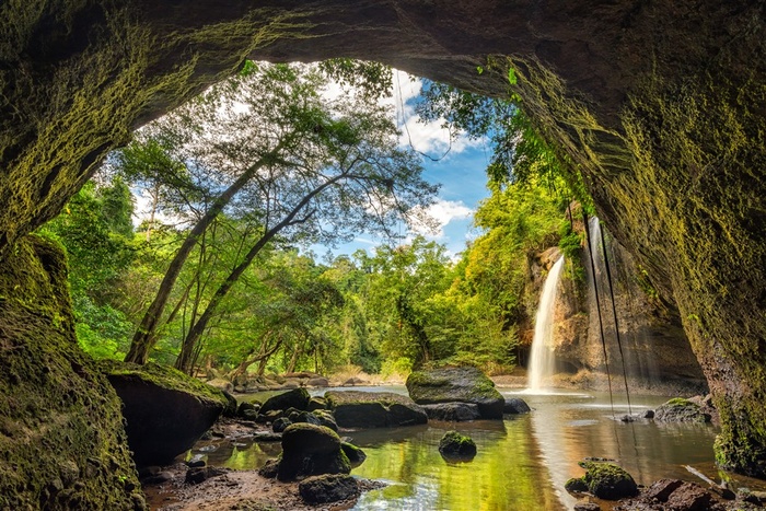 高清山洞瀑布风景图片