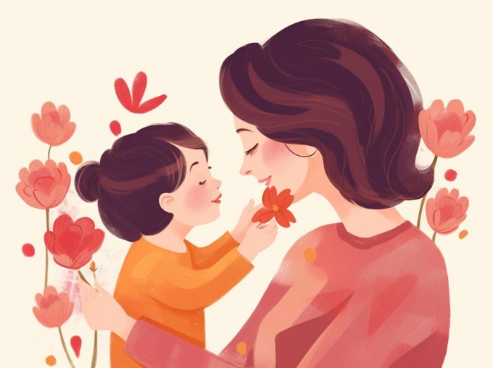 母亲节妈妈拥抱着孩子花海手绘插画素材海报背景