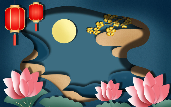中秋节国庆荷花剪纸插画素材背景psd模版下载