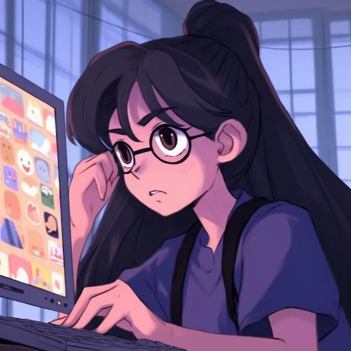 动漫女电脑前的少女头像插画素材背景(1024x1024)