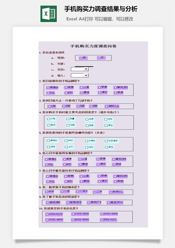 手机购买力调查结果与分析excel模板