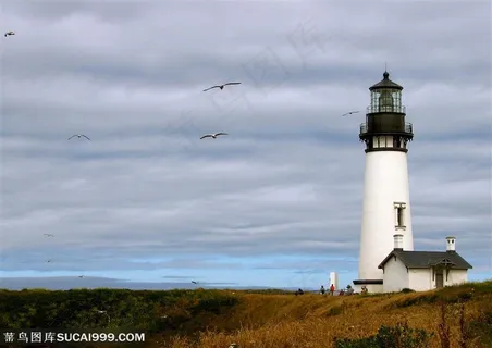 草原上高清晰白色灯塔图片