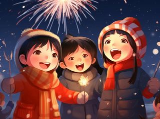 新年除夕放烟花爆竹的孩童庆祝新年喜庆卡通插画背景