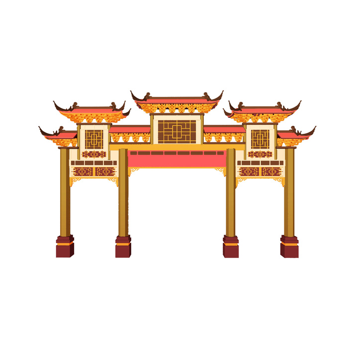中国风复古式国潮门楼手绘城门插画牌楼建筑PSD素材png免扣图