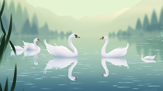 白天鹅在湖里游曳觅食绿色卡通插画