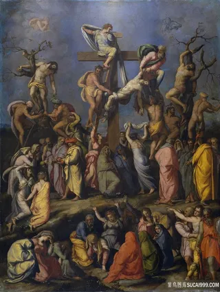 十字架人群油画风景画