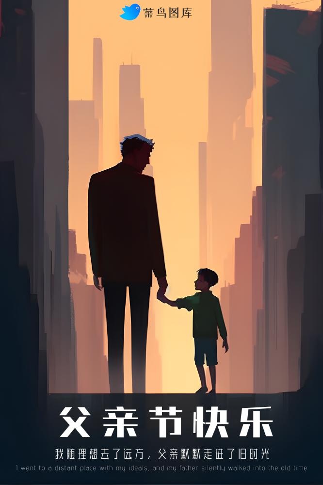 父亲节爸爸牵着孩子城市剪影海报
