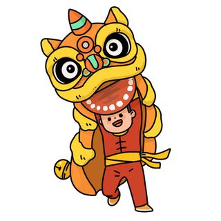 新年春节虎年元宵手绘人物舞狮卡通狮子头插画元素PSD设计素材