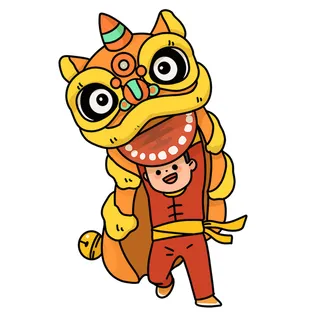 新年春节虎年元宵手绘人物舞狮卡通狮子头插画元素PSD设计素材