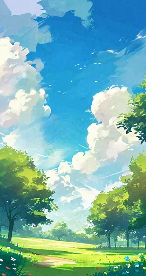 蓝天白云小花绿树树木草地插画手绘，春天春分