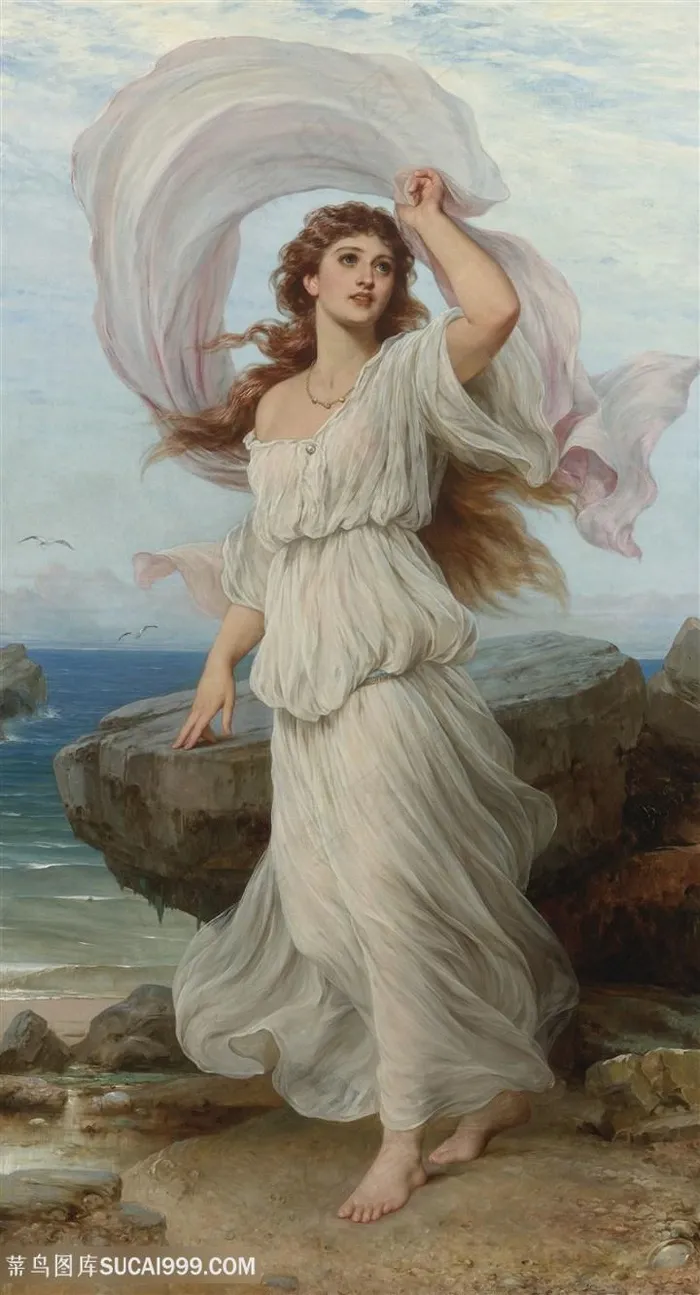 海边穿白裙的金发美女油画图片