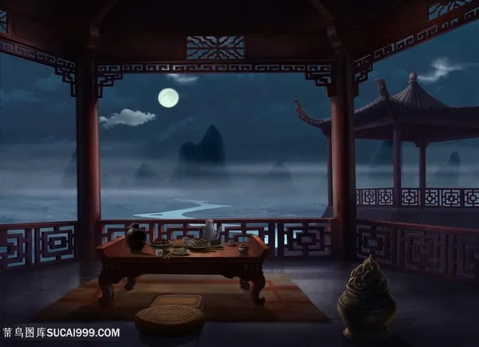凉亭吃食中国风CG原画绘画图片
