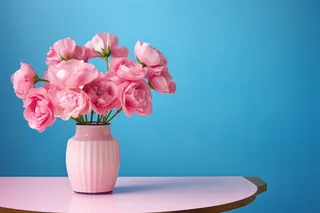 蓝色背景的粉色桌子上的花瓶里的粉色鲜花摄影图