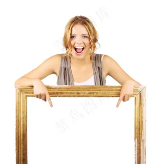 美女指着空白牌子图片
