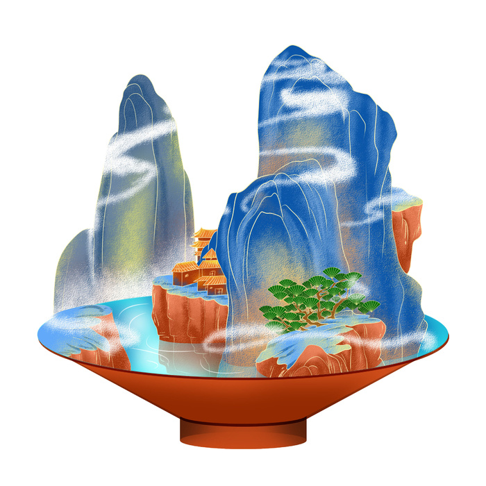 时尚微景观山水装饰庭院祥云中式国潮风插图插画元素素材设计模板psd模版下载