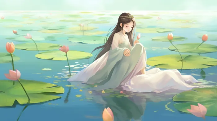 莲花荷叶池塘中的古风少女卡通插画