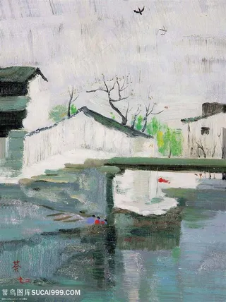 吴冠中手绘唯美庭院中式装饰画