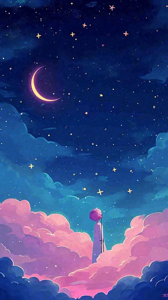 闪烁夜晚浪漫少女仰望星空粉紫色，银河月亮(816x1456)