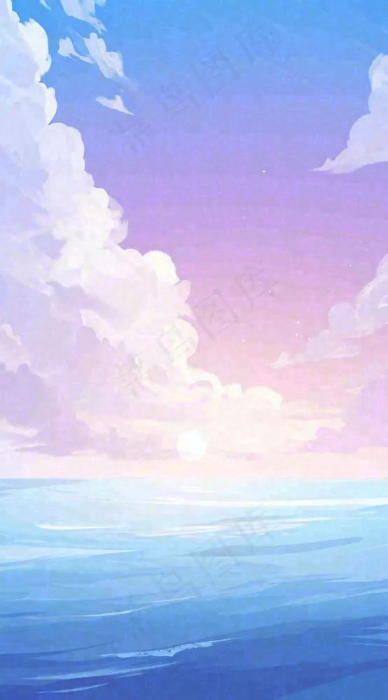蓝紫色天空白云清新浪漫落日海上倒影(816x1472)