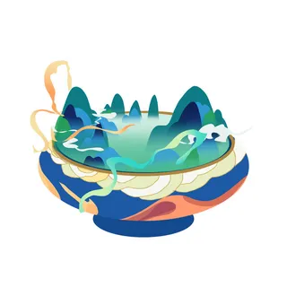 时尚微景观山水装饰庭院祥云中式国潮风插图插画元素素材设计模板