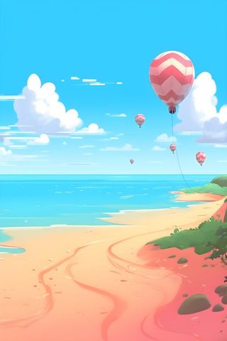 海边度假沙滩椰树冲浪天空插画背景