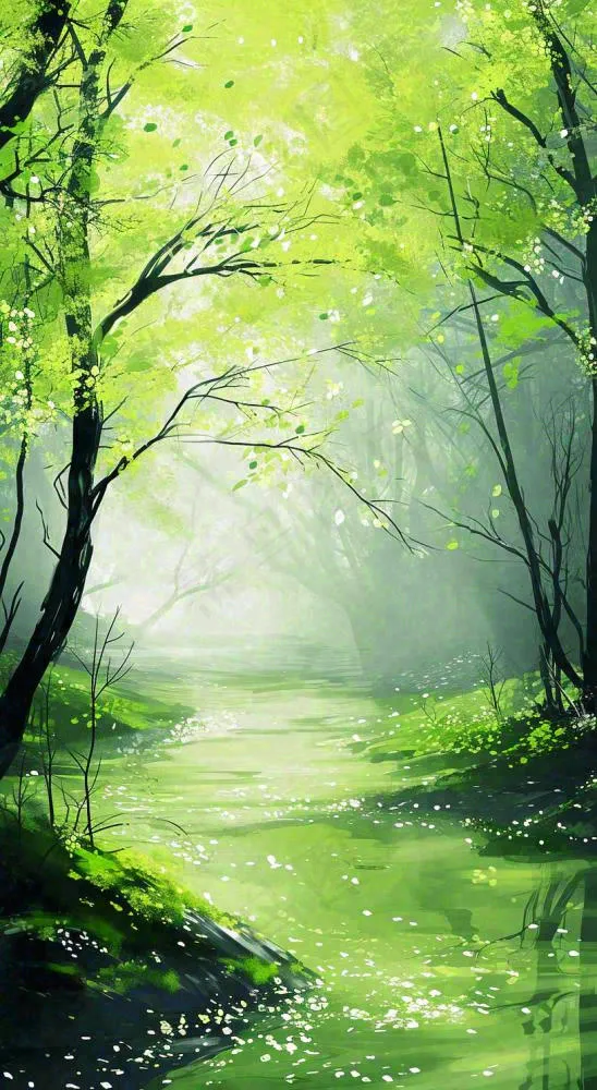 春天绿树成荫的树林里面小溪溪水飘着树叶(816x1488)