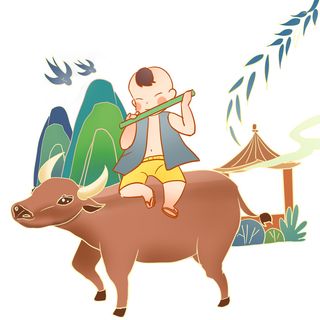 清明清明节卡通牧童吹笛子看燕子