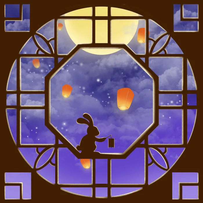 中秋节窗框月亮玉兔剪影中秋海报插画