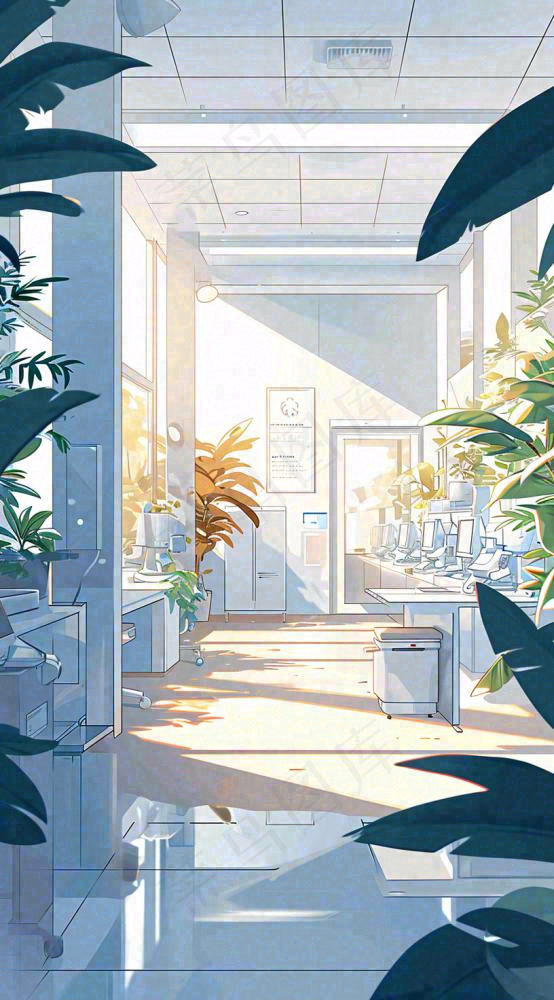 夏天明媚的阳光洒进办公室绿色的植物在办公室走廊上，线性插画手绘(816x1472)