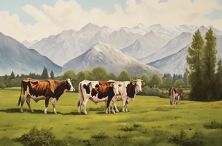 一些奶牛在草地上行走背后是山脉，自然风景