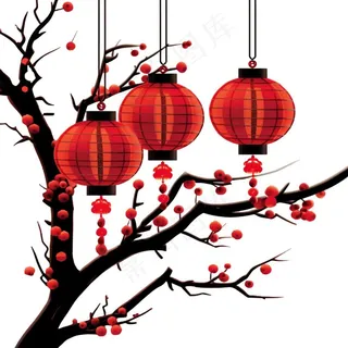 红灯笼挂梅花树梢插画免抠