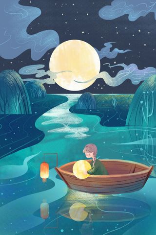卡通扁平中秋节夜晚河流圆月少女插画