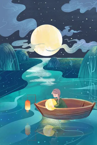 卡通扁平中秋节夜晚河流圆月少女插画