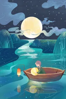 卡通扁平中秋节夜晚河流圆月少女插画 卡通扁平中秋节夜晚河流圆月少女插画
