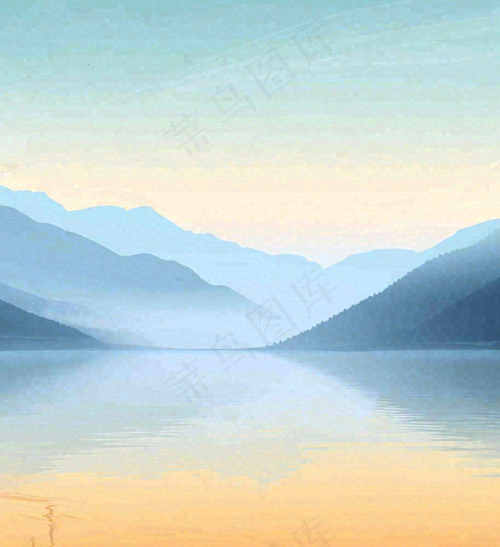 中国风意境湖面山脉云层山水画插画(1024x1120)