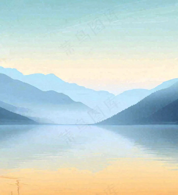 中国风意境湖面山脉云层山水画插画(1024x1120)