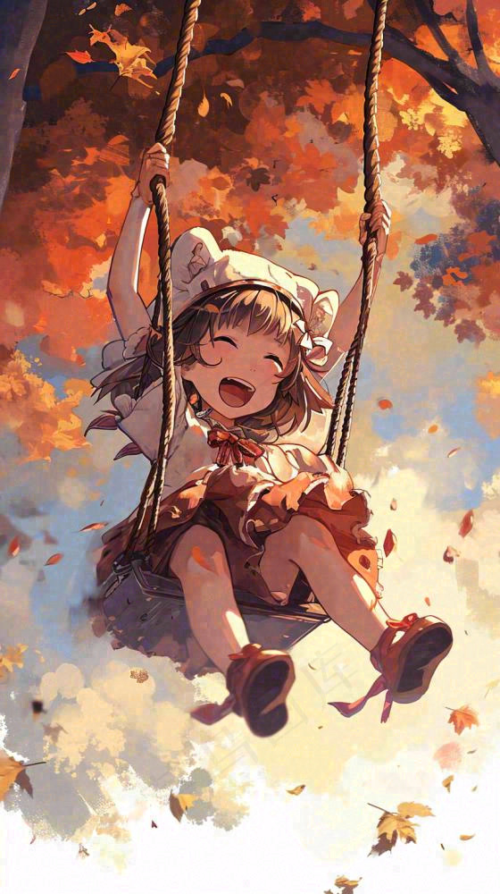 秋天秋叶树下卡通女孩荡秋千手绘插画，唯美落叶