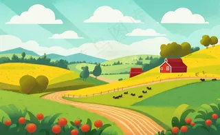 乡村村庄美丽风景河流插画农田插画背景