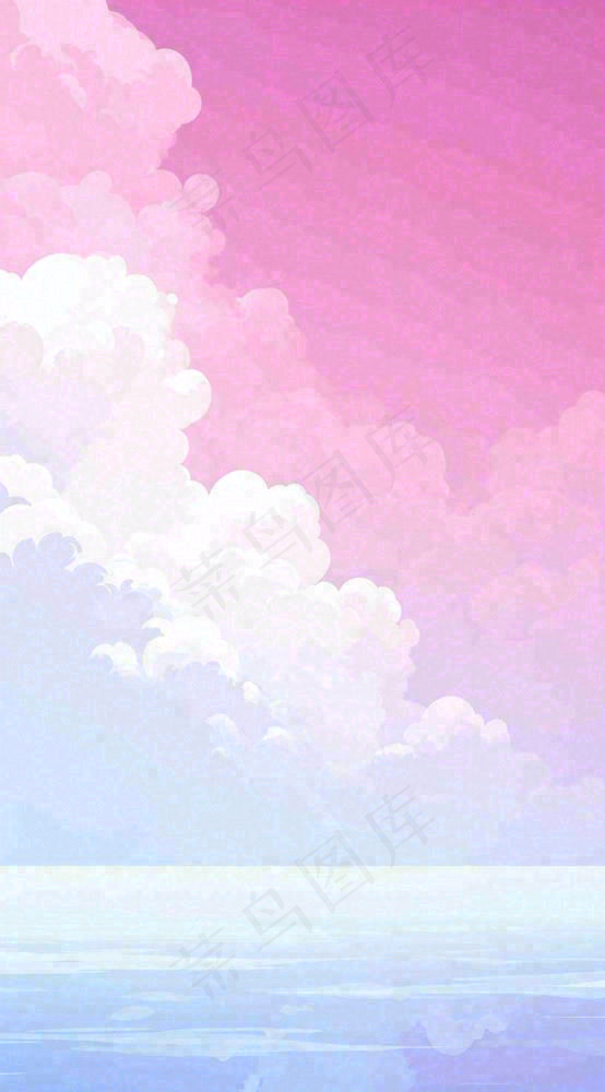 粉蓝渐变天空白云简约温馨，阳光海面海洋扁平插画(816x1472)