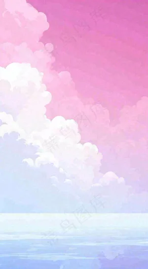 粉蓝渐变天空白云简约温馨，阳光海面海洋扁平插画