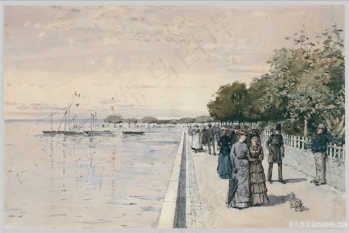 公园道路人物插画风景画