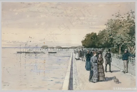 公园道路人物插画风景画 公园道路人物插画风景画