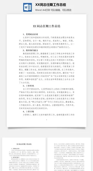 XX同志任期工作总结word模板预览图