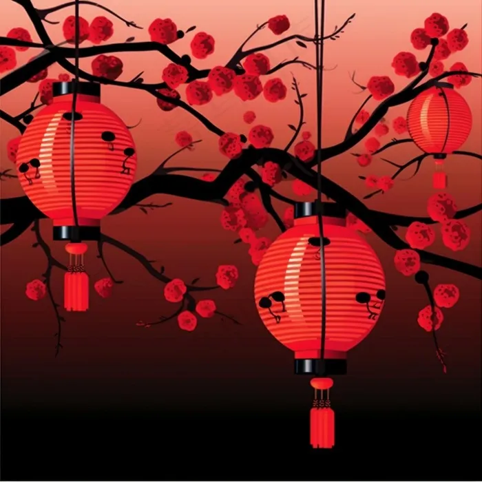 红灯笼梅花树枝喜庆插画素材背景(1024x1024)