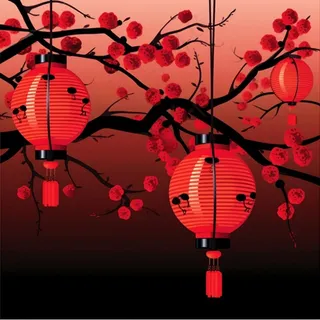 红灯笼梅花树枝喜庆插画素材背景