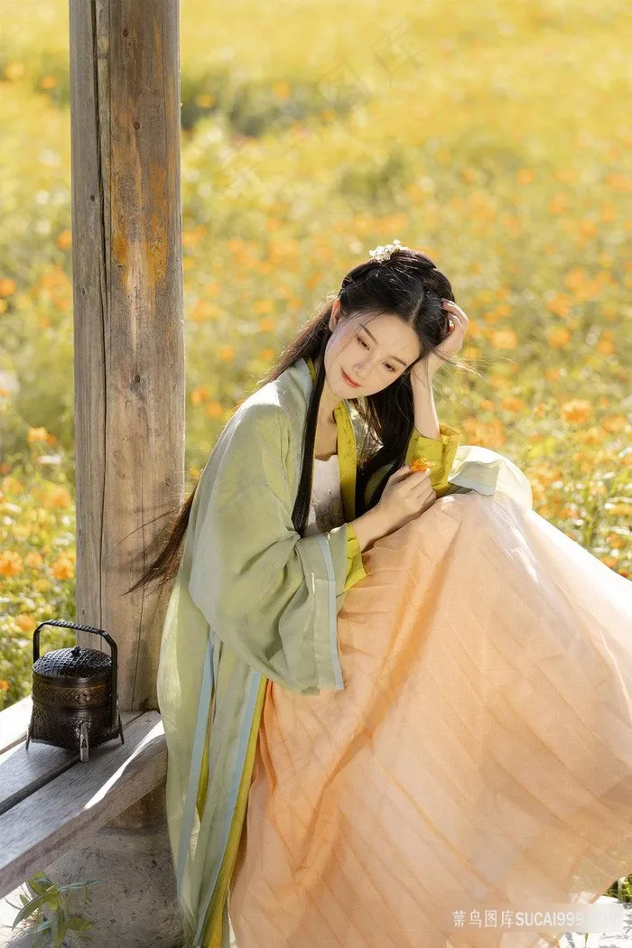户外小雏菊花丛重的古风清纯少女图片