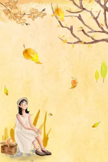 秋天落叶卡通女孩绘画PSD素材